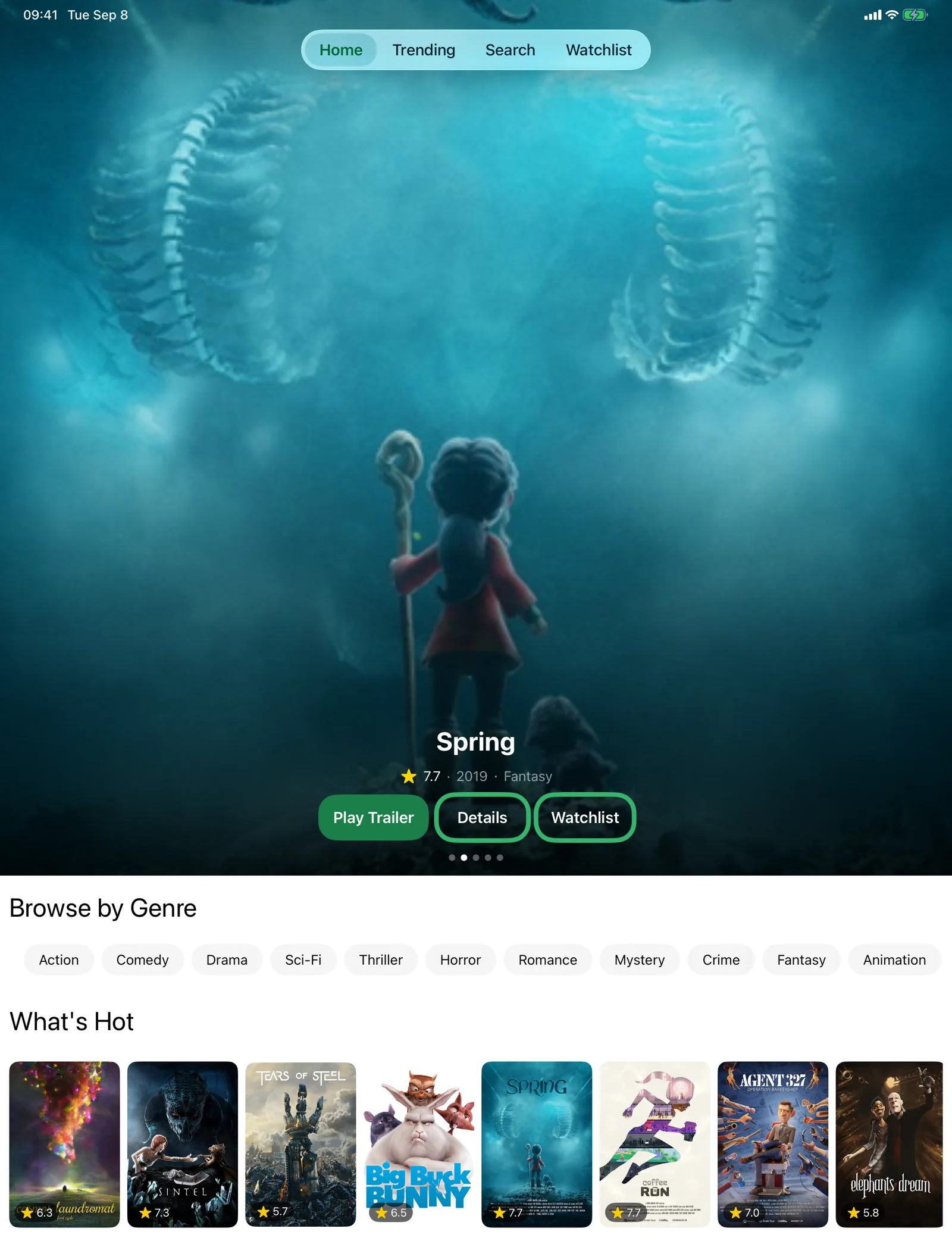 Tonight's Home tab on iPad in portrait: the featured poster for Spring with rating, year and genre, a wide row of genre chips, and an eight-poster What's Hot rail.