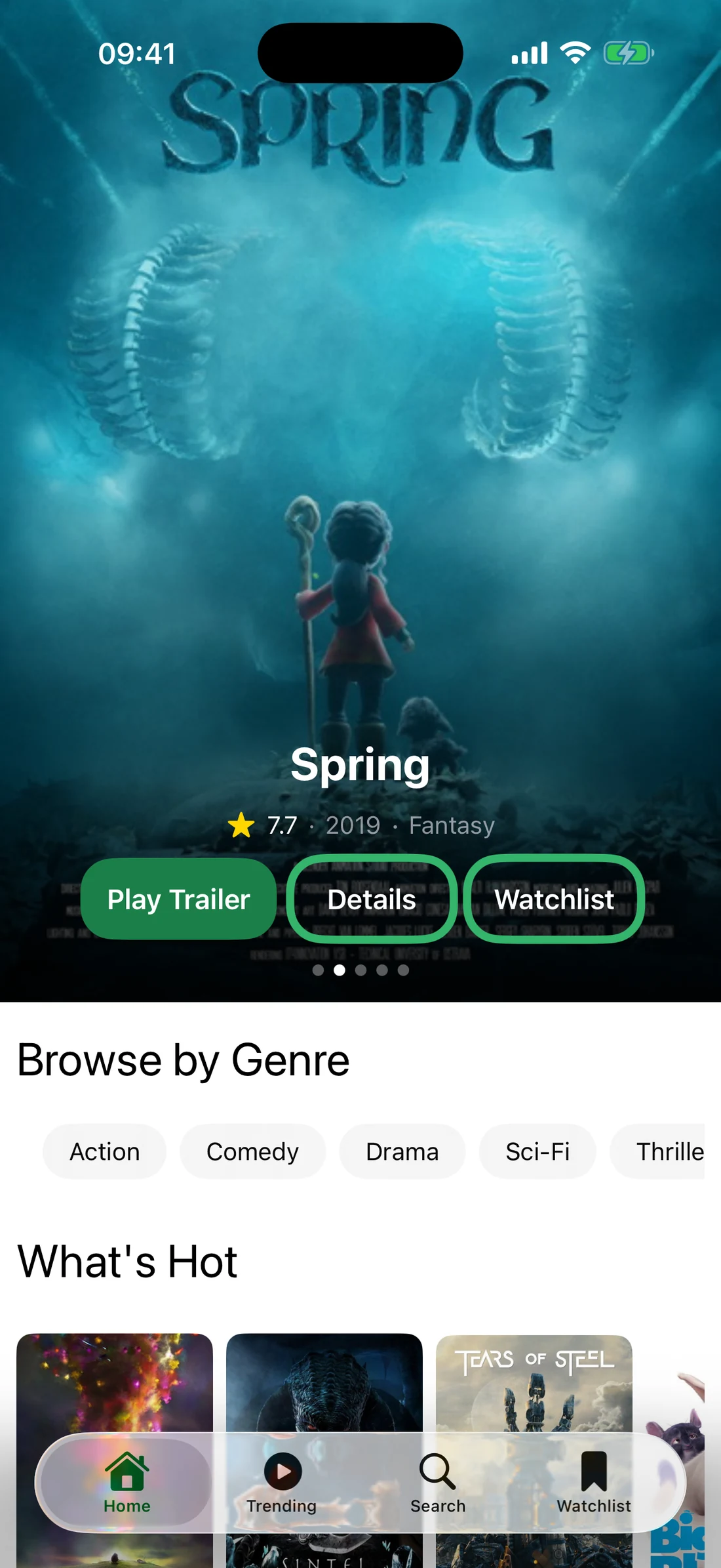 Tonight's Home tab on iPhone: a full-screen poster for Spring with its rating, year and genre, buttons for Play Trailer, Details and Watchlist, then Browse by Genre chips and a What's Hot poster rail.