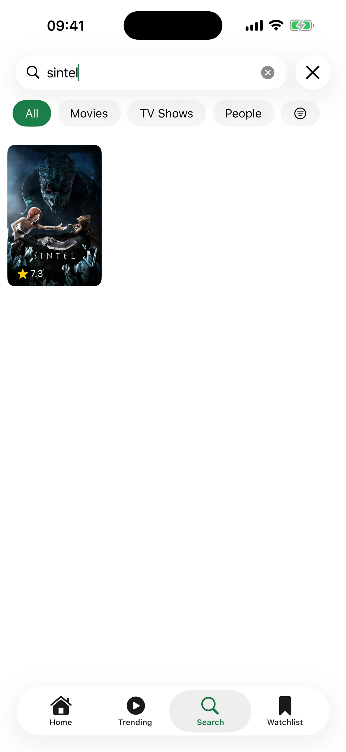 The Search tab on iPhone with the query 'sintel', filter chips for All, Movies, TV Shows and People, and one matching poster.