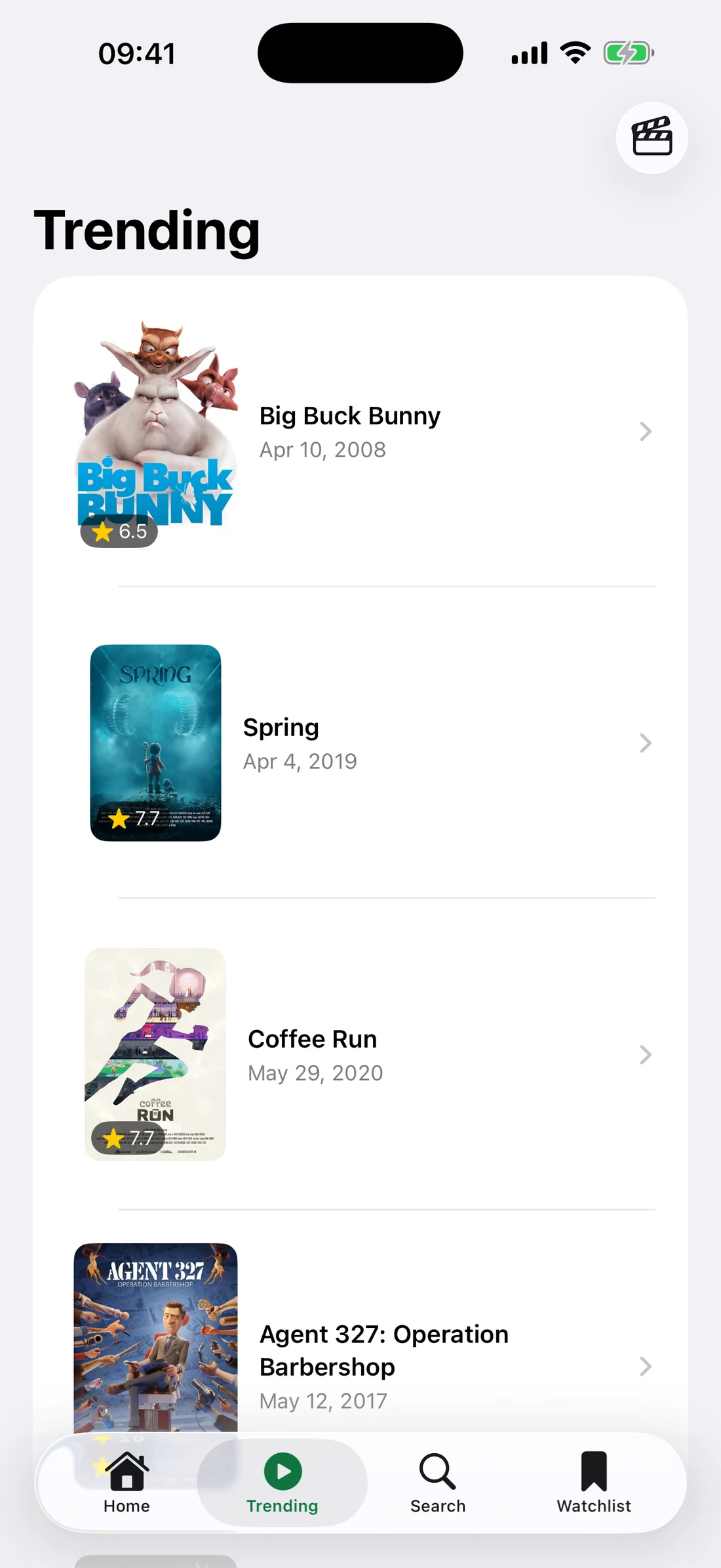 The Trending tab on iPhone: a list of titles with poster thumbnails, release dates and star ratings.