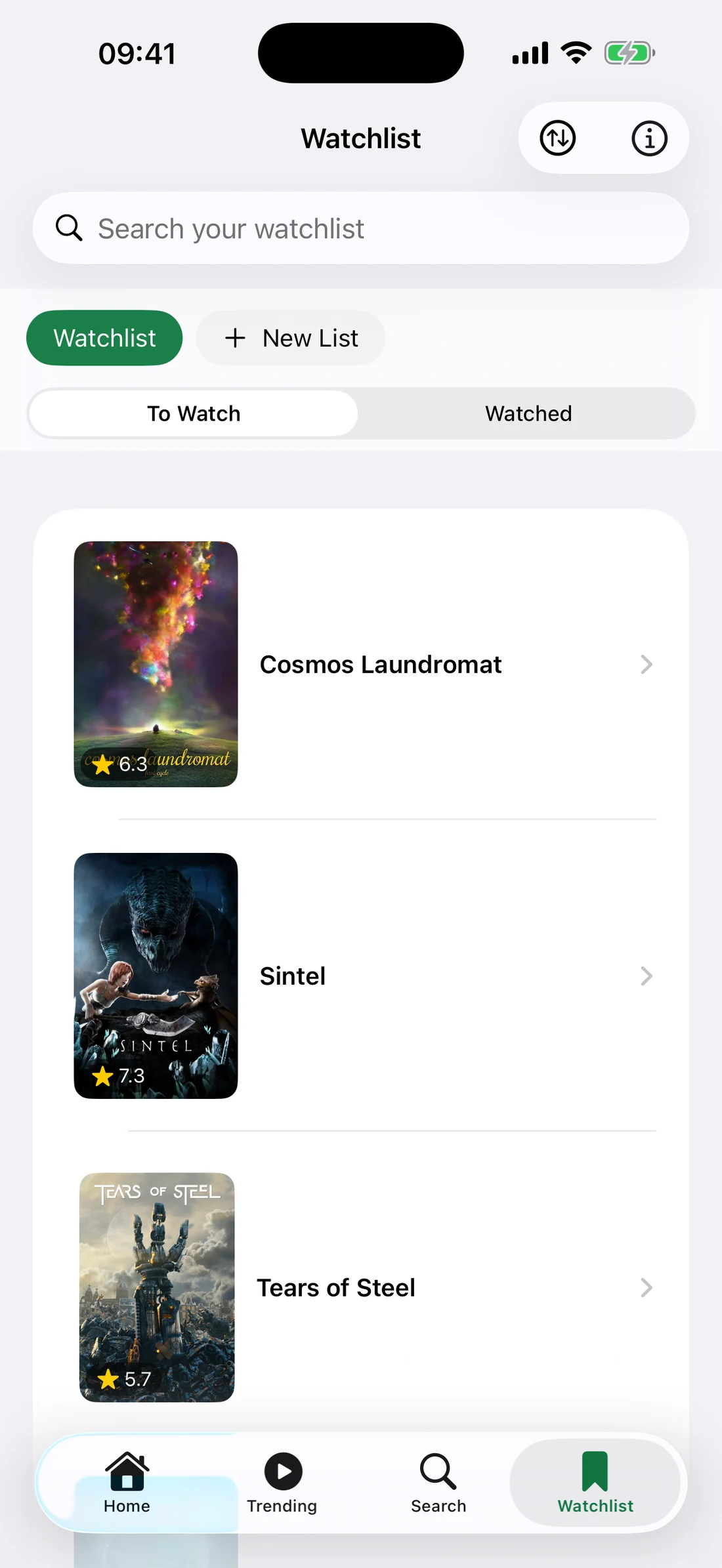 The Watchlist tab on iPhone: a search field, Watchlist and New List chips, a To Watch / Watched switch, and saved titles with their ratings.